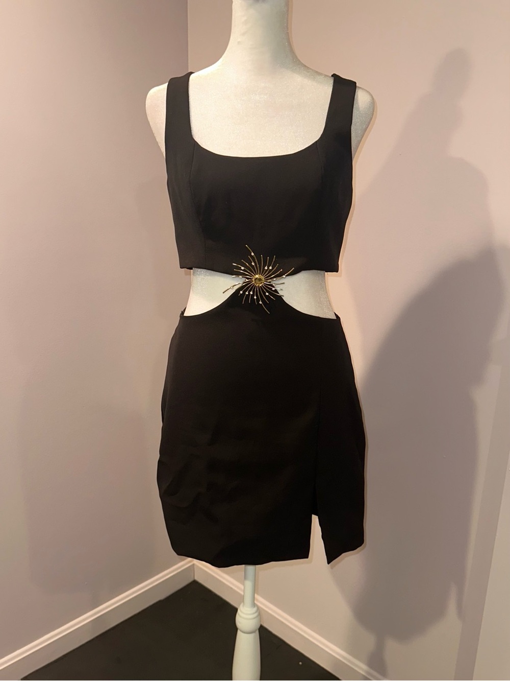 PatBO Black Cutout Mini Dress with Gold Burst Accent - Picture 2 of 5